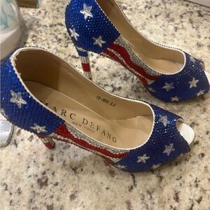 Marc Defang Blue and Red Starry Peep Toe Heels.  Heels are 4 inches